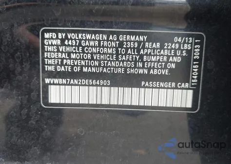 2013 Volkswagen Cc 2.0T R-Line z USA, uszkodzony, nr VIN WVWBN7AN2DE564903
